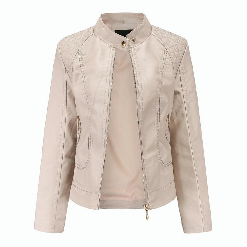 Women Faux Leather Biker Jacket Ladies Stand Collar Zip Coat Outwear