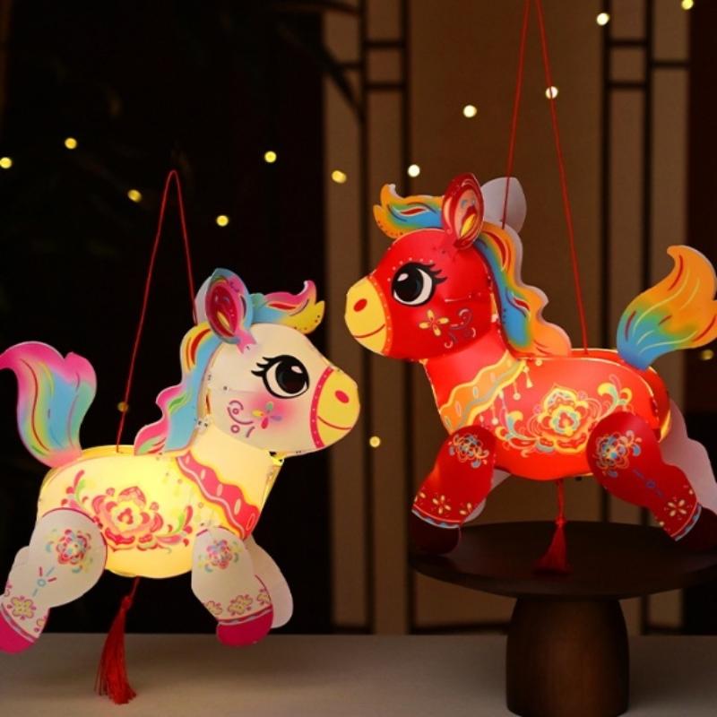 Cartoon Pony Pattern Lantern Handmade Diy Material Bag Spring Festival Lantern Glowing Handheld Lantern  Year Decorations
