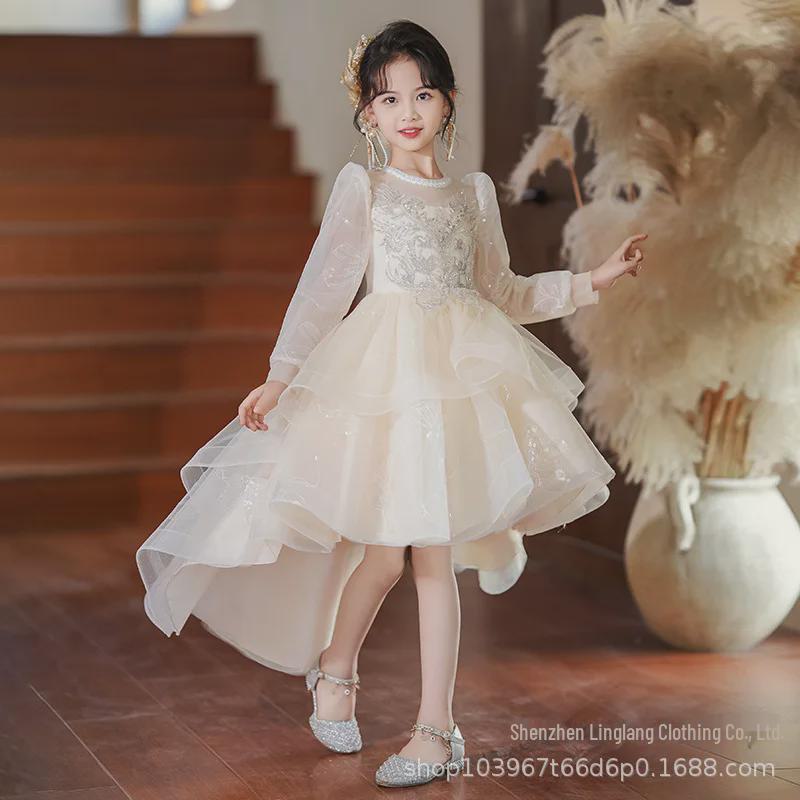 

«Роскошное платье принцессы с ласточкиным хвостом для девочек»: Длинная юбка осень/зима для фортепианных концертов и свадеб. 160 cm