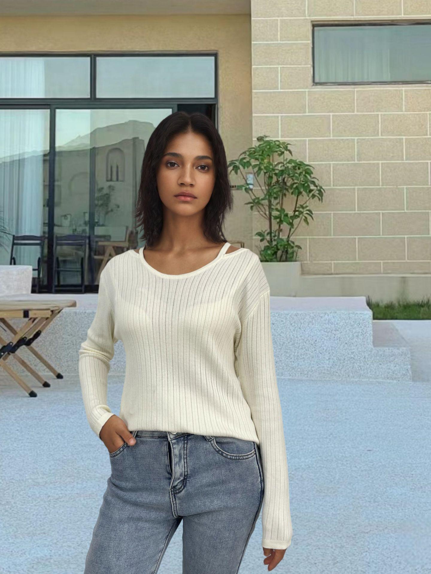 Женский вязаный свитер с круглым вырезом пуловер с лямками джемперы с длинным рукавом полосатый вязаный свитер верхняя одежда One size белый 1729₽