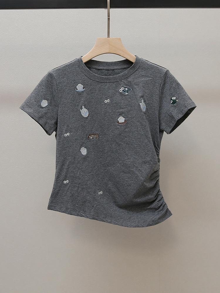 

Высококачественная женская осенняя футболка с вышивкой и плиссированной талией во французском стиле Small серый