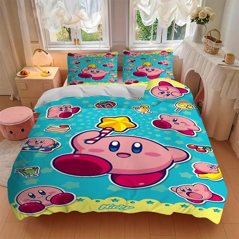 3pcs Bedding Set Birthday Kirby Includes 1 Comforter + 2 Pillowcases, Without Pillow Inserts, Soft Comfortable, Lightweight Breathable, Prin