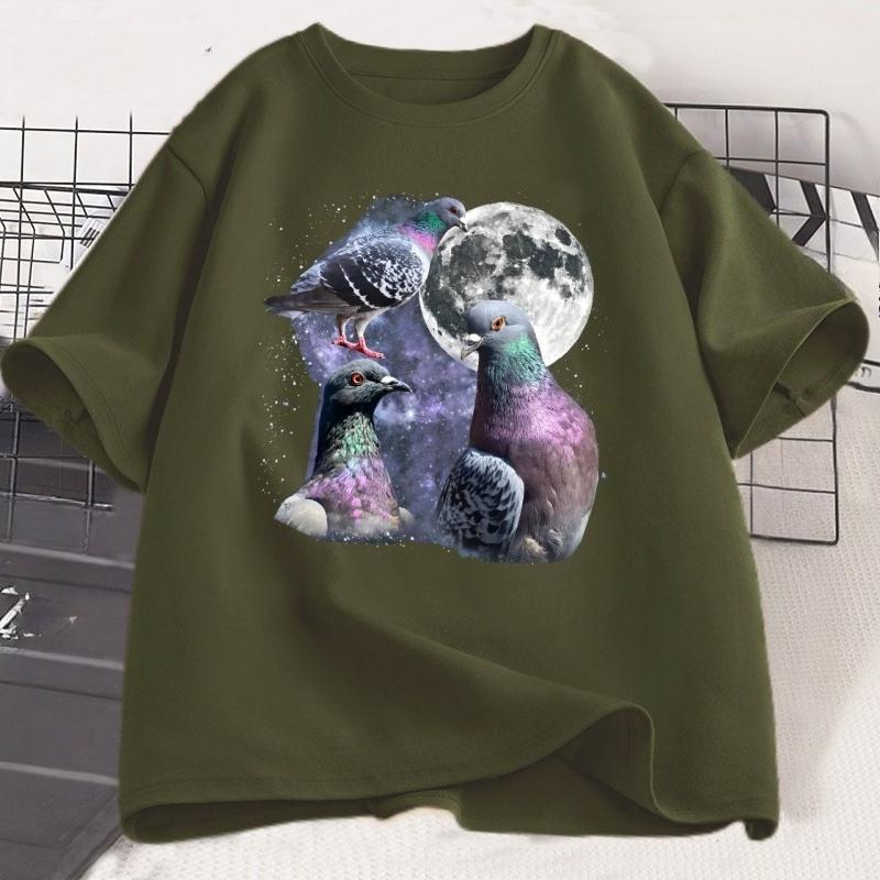 Tre T-shirt Grafiche Retrò con Piccioni T-shirt Piccione Luna Maglietta Uccello Oversize Unisex Donna Cotone Stampato Manica Corta Abbigliamento Top
