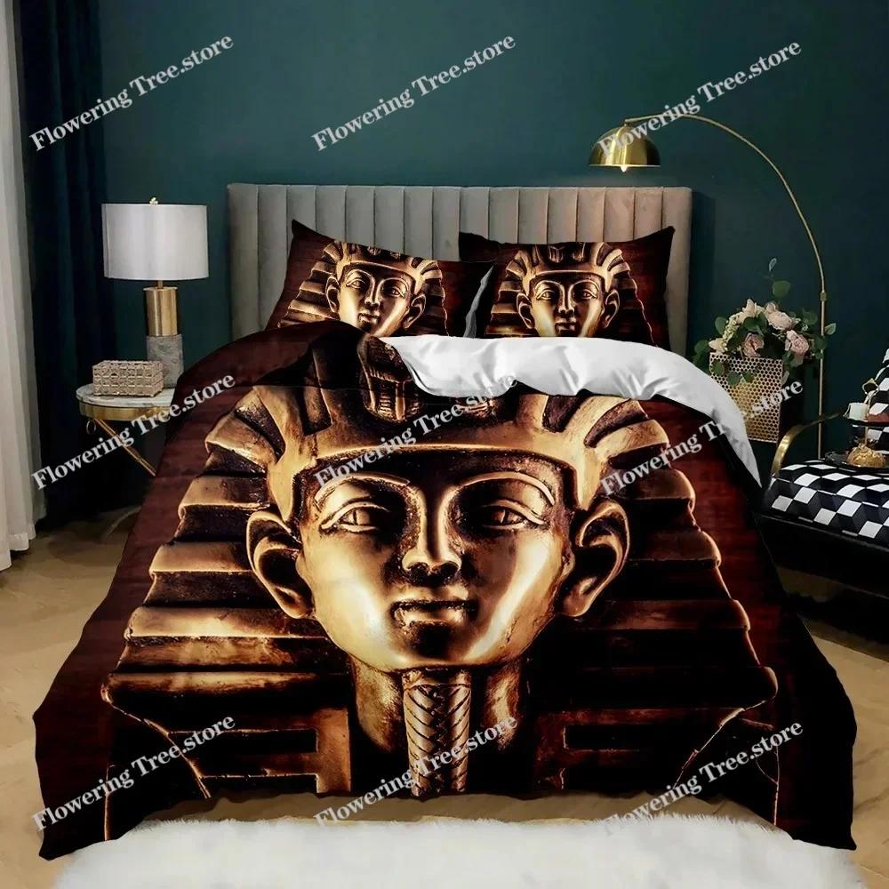 Pharao Bettwäsche-Sets, King Size 3D Altes Ägypten Stamm Dekor Bettdeckenbezug Set für Erwachsene Ägyptische Pyramide Polyester Bettbezug