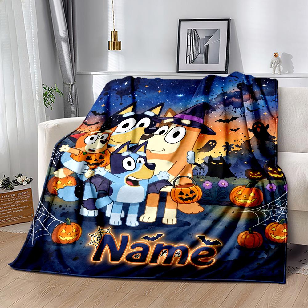 Bluey Halloween Night Personalized Name Blanket Lightweight Customizable Blanket Soft Warm Cozy Suitable for Livingroom Couch Chair Sofa