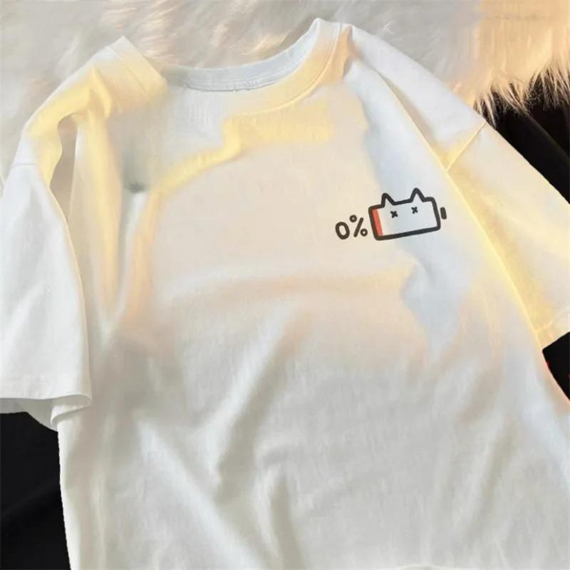 Cat Dog and Mobile Phone Print Women Round Neck Short Sleeve Soft Comfortable Streetwear Summer Fashion Women Clothes