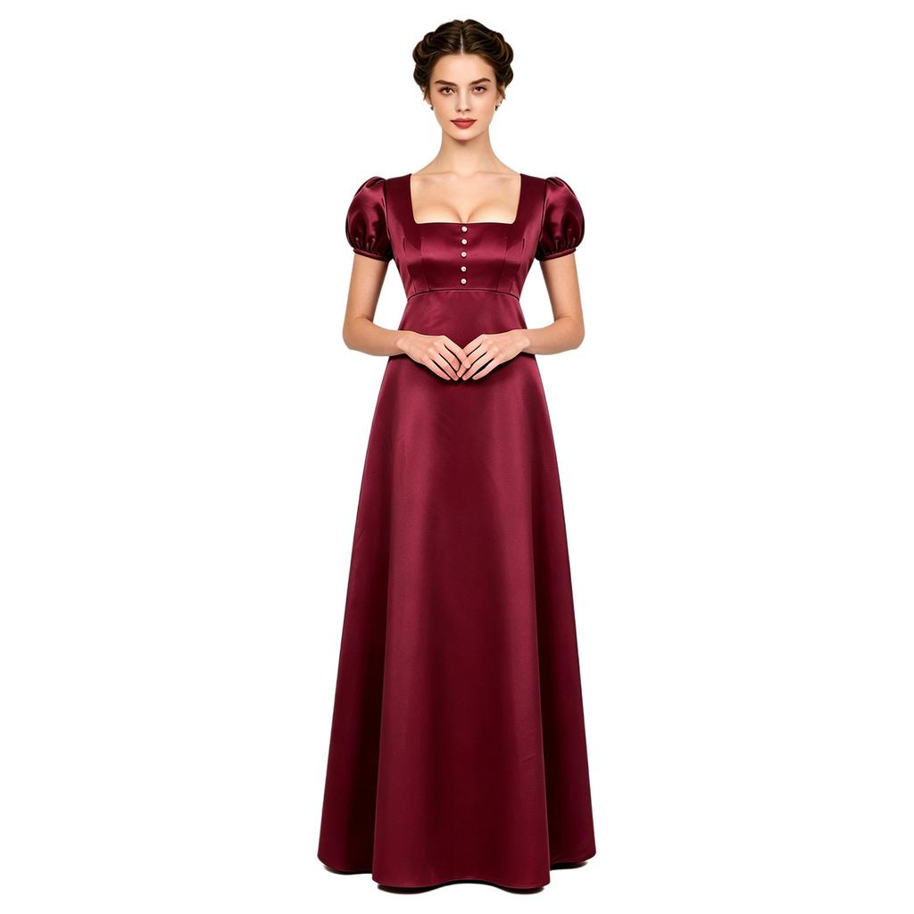 Maxikleid mit quadratischem Ausschnitt und Puffärmeln, mit Kunstperlen, Empire-Taille, Knöpfe hinten, Satin, Regency-Kleid für Damen, Party, Ball
