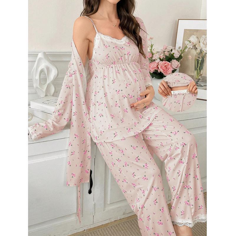 Sweet Floral Maternity Pajamas: European & American Three-Piece Set with Cardigan, Sling Top, and Long Pants for Spring & Autumn