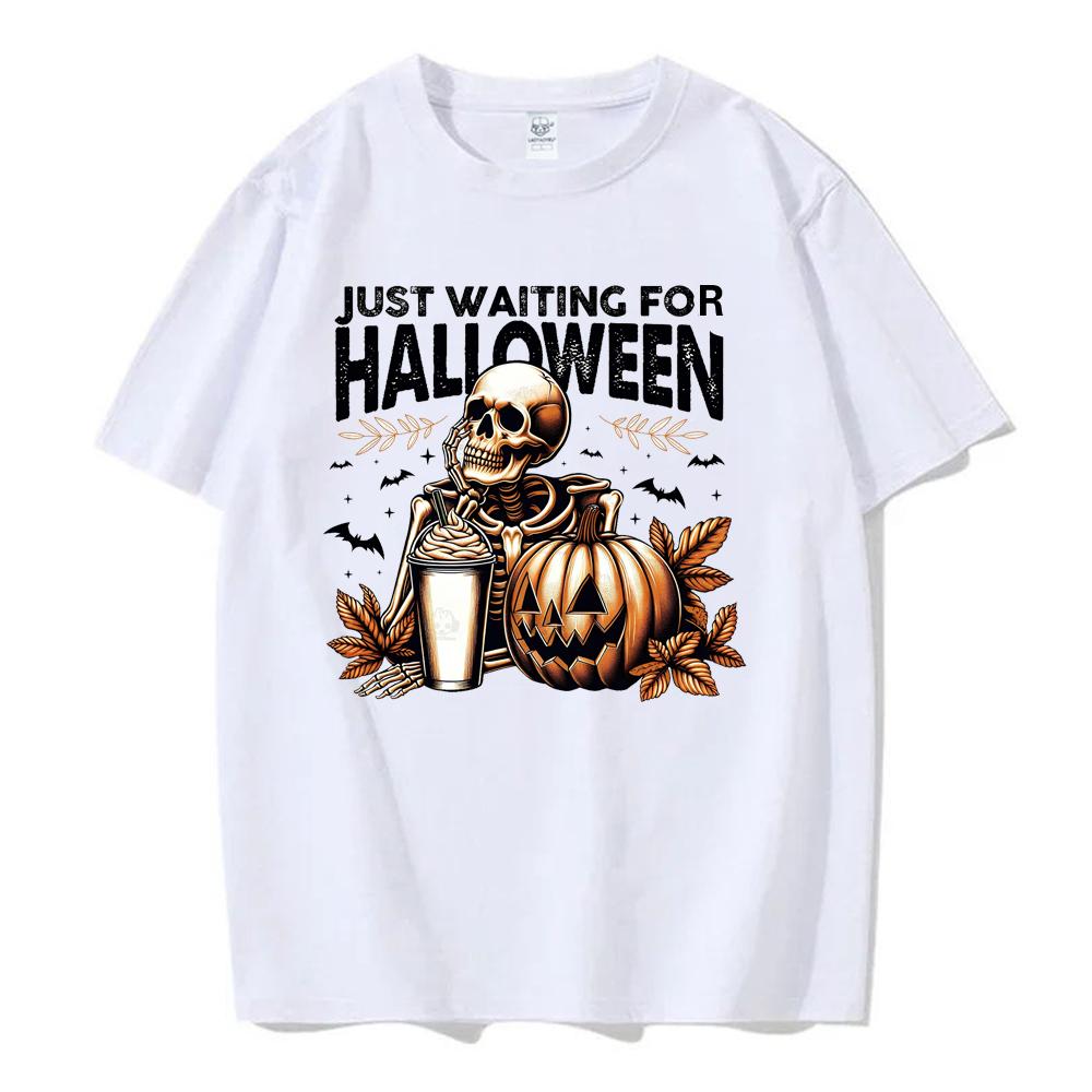 JUST WAITING FOR HALIOWEEN Halloween T Shirts PumpkinCandyBonesSkeletonfunny Halloween Costume Cotton Shirt Graphic T Shirts