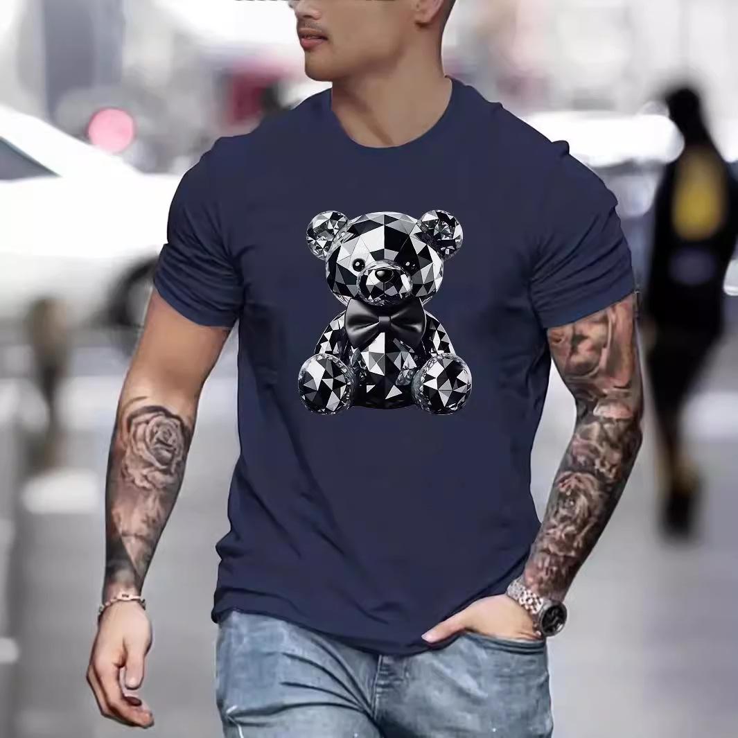 

Summer Round Neck Gentleman Bear Printed Top Fashionable Casual Pure Cotton Short Sleeved Men s T-shirts 3XL темно-синий