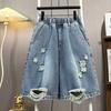 Summer Large Size High Waist Wide Legs Thin Ripped Denim Shorts Women's Casual Elastic Waist Waist Five-point Shorts Vintage Fray Loose Knee Culottes