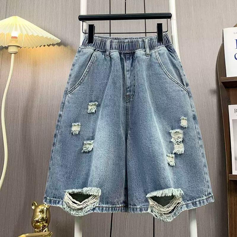 Summer Large Size High Waist Wide Legs Thin Ripped Denim Shorts Women's Casual Elastic Waist Waist Five-point Shorts Vintage Fray Loose Knee Culottes