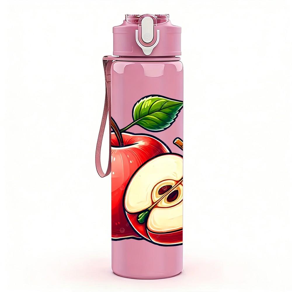 1PC Fresh Red Apple Fruit Sliced Print 750ml Color Plastic Sports Water Bottle Leakproof Flip Straw Lid Suitable for Sports Office Home Use