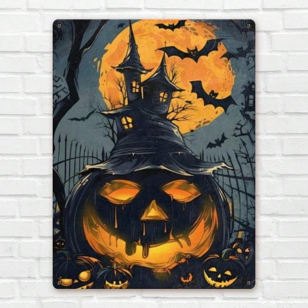 1pc Vintage Halloween Metal Tin Sign, Retro 2D Flat Wall Decor Art Plaque, Weatherproof Pre-Drilled Decorative Sign for Farmhouse