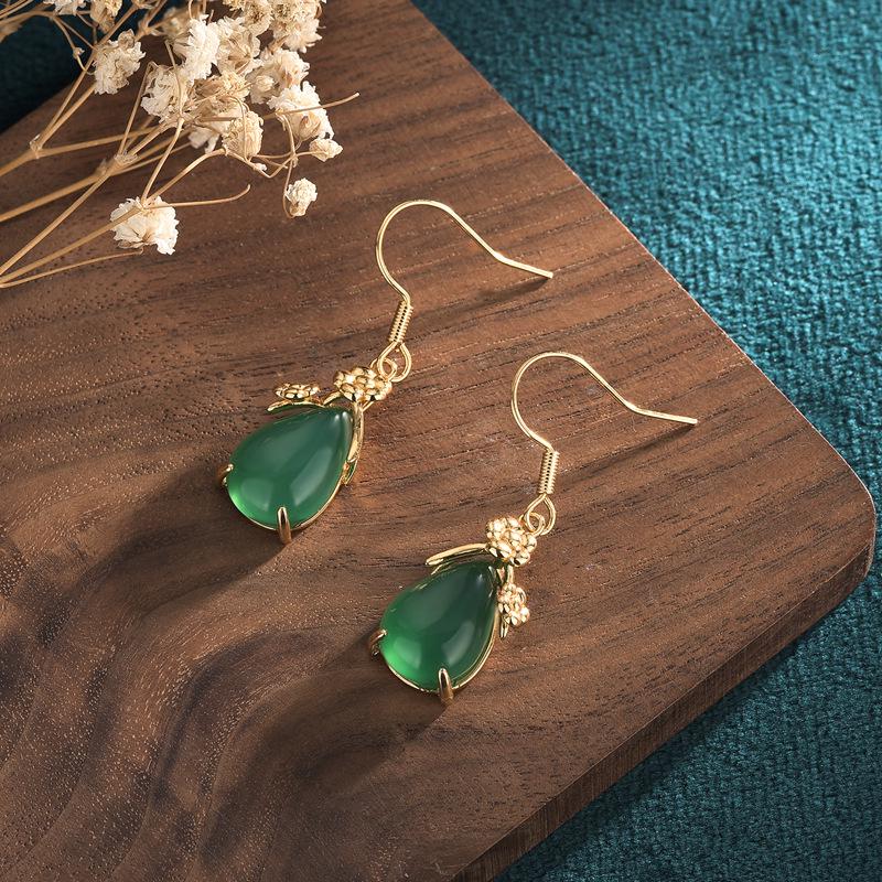 Aieryuan Court Style Gold-Plated Chalcedony Agate Teardrop Dangle Earrings for Women