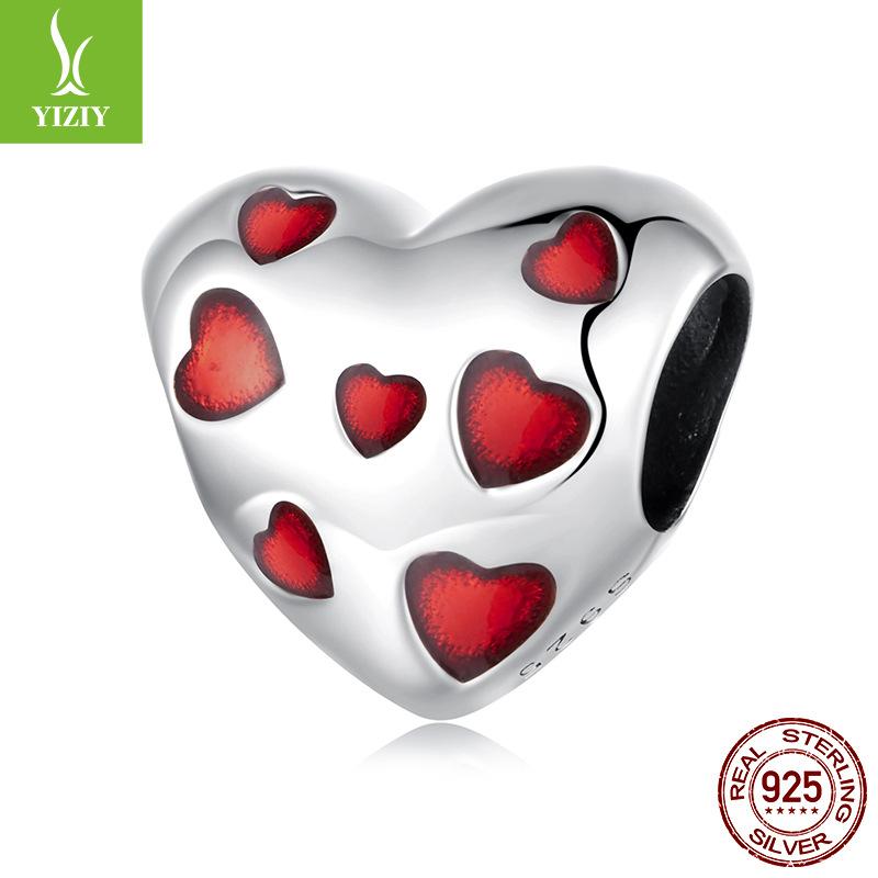 S925 Sterling Silver Red Love Beads Sweet Romantic Heart-Shaped Charm Diy Beads Loose Beads