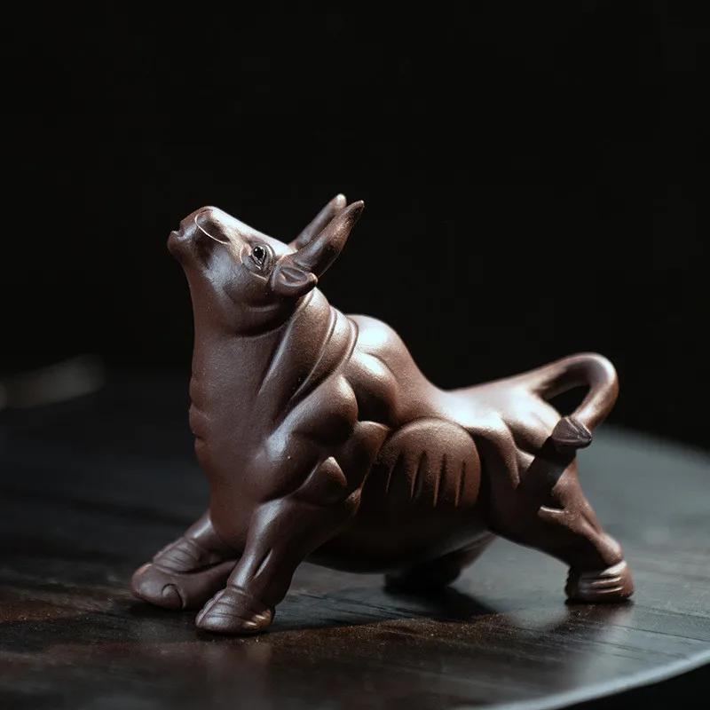 Yixing Purple Clay Tea Pet Decor Chinese Zodiac Lucky Cattle Figurine Desktop Ornaments Handmade Sculpture Tea Set Decoration