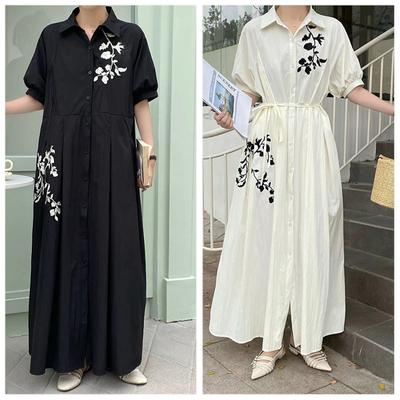 Vintage Loose Embroidery Jacquard Lace Up Design A-line Dress Woman Elegant Lapel Single Breast Pleated Dresses Ins New