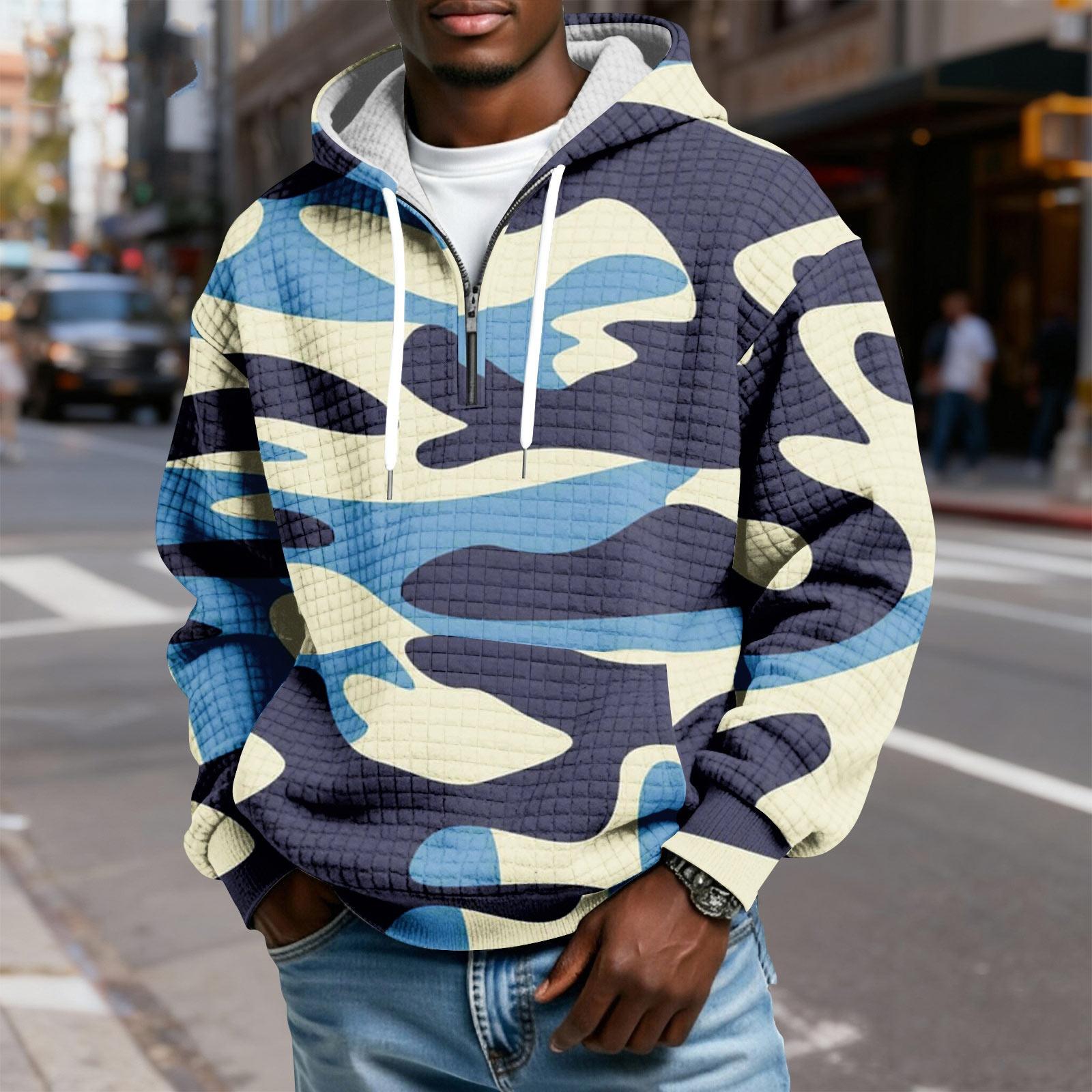 

Men s Half-Zip Hooded Plaid Pullover Drawstring Print Casual Sports Sweatshirt XL