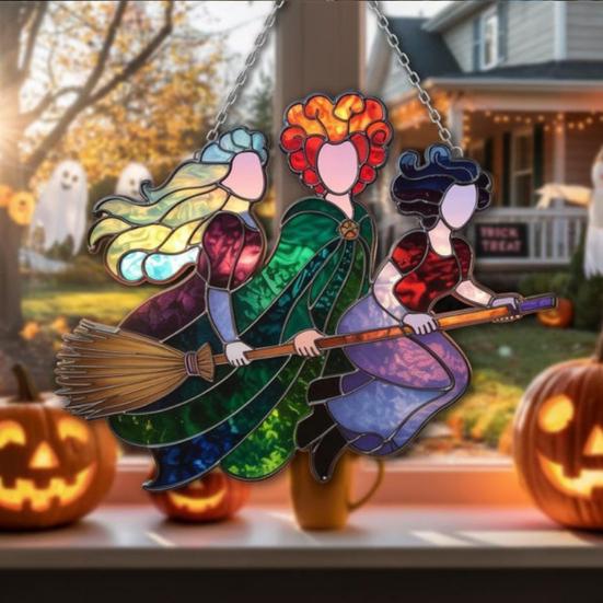 Halloweenský Suncatcher Čarodějnice 3 Čarodějnice Létající na Koštěti Vitrážový Suncatcher Akrylová Závěsná Dekorace na Okno pro Dveře Nástěnná Dekorace