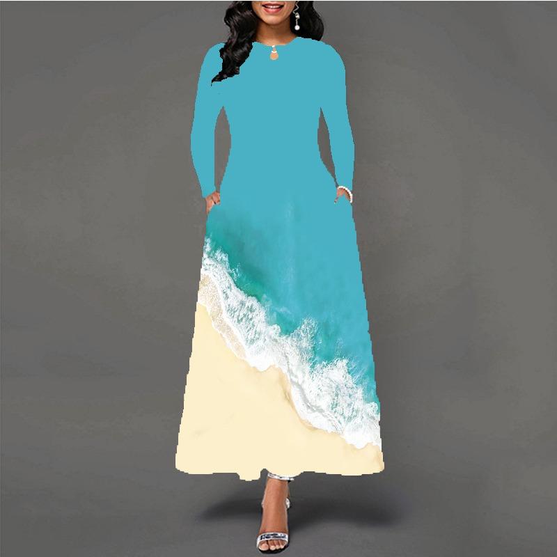 Women's large-size dress digital printing long-sleeved pendulum D temperament elegant