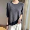 Spring New Knitted Sweater Women's Short-sleeved Crew Neck Pullover Carved Thin Five-quarter-sleeved Top Large-size Bottoming Shirt