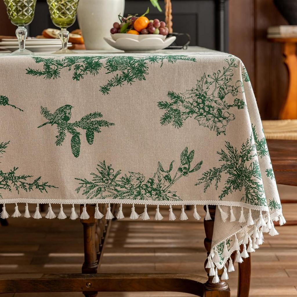 Square Vintage Cotton Linen Tablecloth with Stitching Tassels Washable Fabric Table Cover for Christmas Dining Kitchen Tea Party