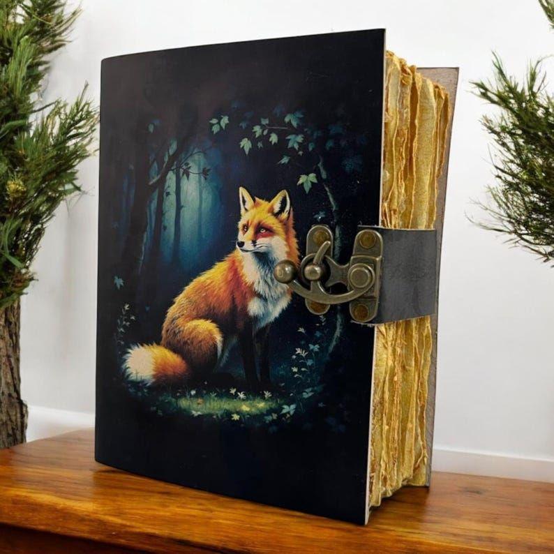 Fox Vintage Handmade leather Journal, Grimoire Fat journal Blank spell book of shadows Celestial Christmas Gifts For Him Her