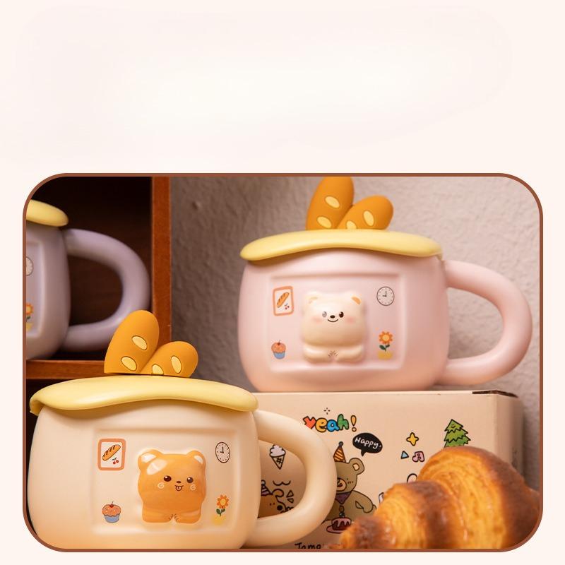 Cheese Bread Bear Water Cup Women's New High Appearance Level Ceramic Mug with Lid Home Drinking Water Gift for Others