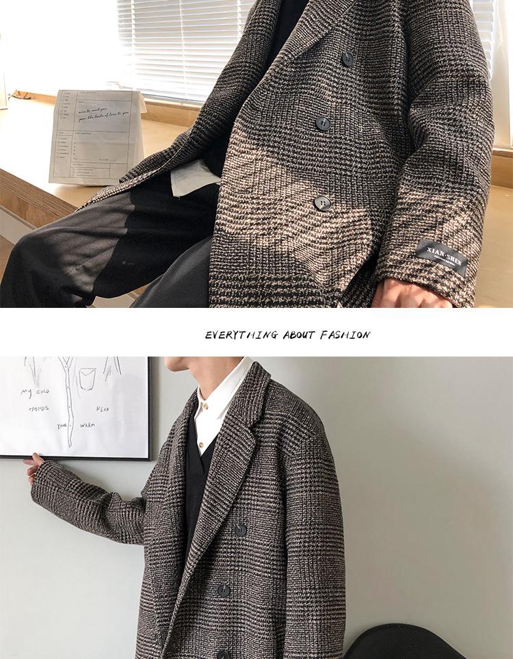 Men's Trendy Double-Breasted Plaid Wool Coat - Autumn/Winter Korean Style, Large Size Hong Kong Fashion