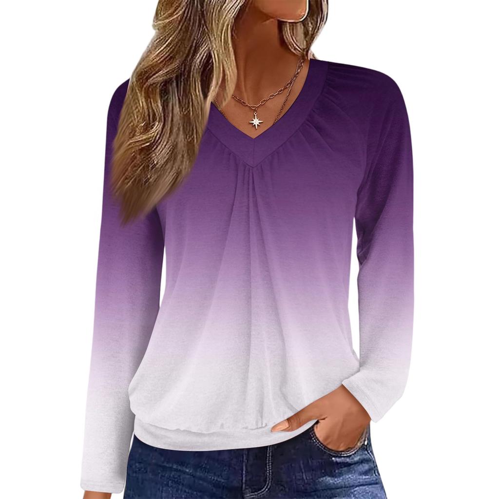 Women's Casual Fashion V-Neck Raglan Pleated Floral Print Long Sleeve Top