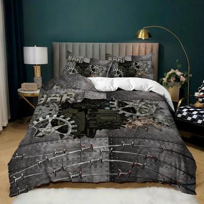 Industrial Gear Bedding Steampunk Style Duvet Cover King Queen Metal Mechanical Device Polyester Quilt Cover for Teens Men Black