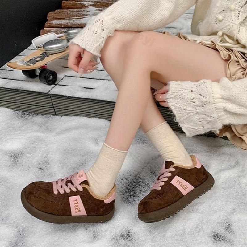 Winter  Vintage Warm Low Top Thick Sole Cotton Shoes for Women Color Blocked Versatile Plush Comfortable Chunky Sneakers