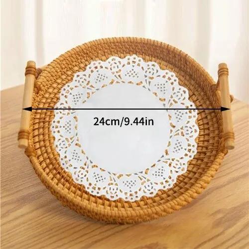Rattan Bread Storage Woven Round Tray Snacks Fruit Picnic Binaural Tray Living Room Table Storage Decoration Kitchen Organizer