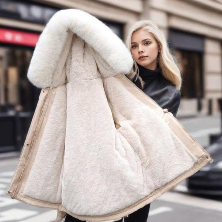 Winter Women Coat Cotton Jacket Furry Hood Thickened Plush Mid Length Long Sleeves Elastic Waist Zipper Closure Pockets