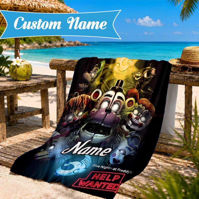 Custom Name Five Nights horror Theme Heart In Space Adventure Microfiber Beach Towel, Lightweight for Summer Travel, Swimming Pool Fan Gift