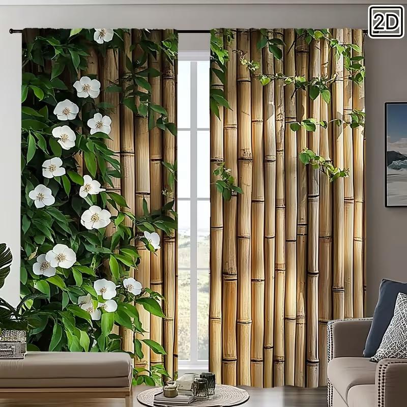 2 ks závěsů s potiskem bambusových květů, vhodné pro dekoraci ložnice, obývacího pokoje, kuchyně, domácí dekoraci, okenní dekoraci