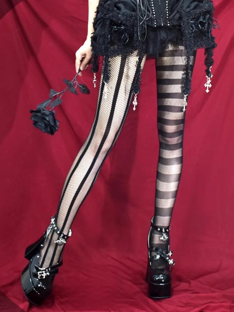 

Винтажные готические чулки в стиле дарк-панк, сексуальные, гот-лолита, униформа, в полоску, асимметричные, с прорезями, в сетку, женские, летние One Size