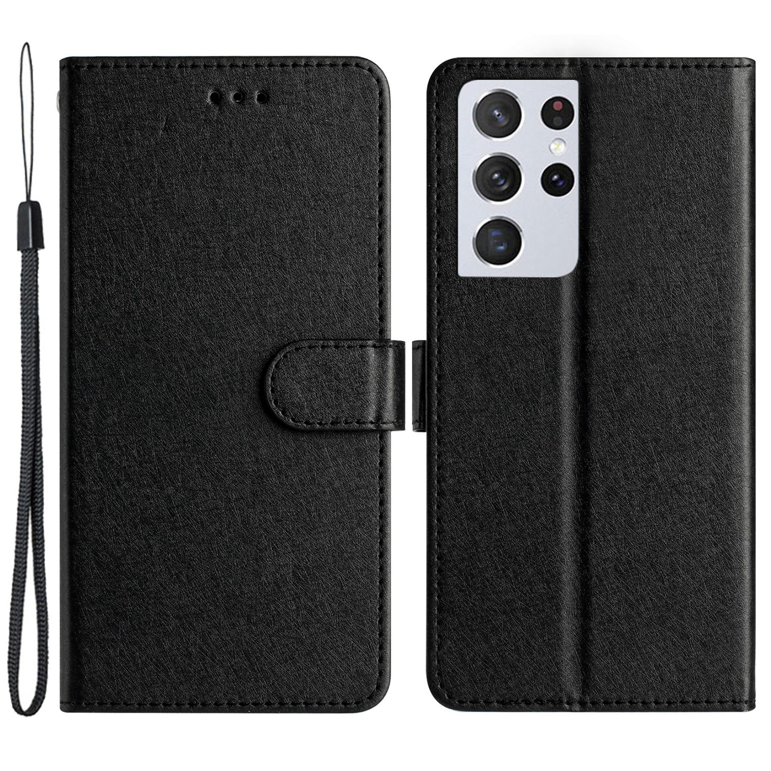 

Impact Resistant Case for Samsung Galaxy S21 Ultra 5G Silk Texture Leather Wallet Stand Shell with Hand Strap Black