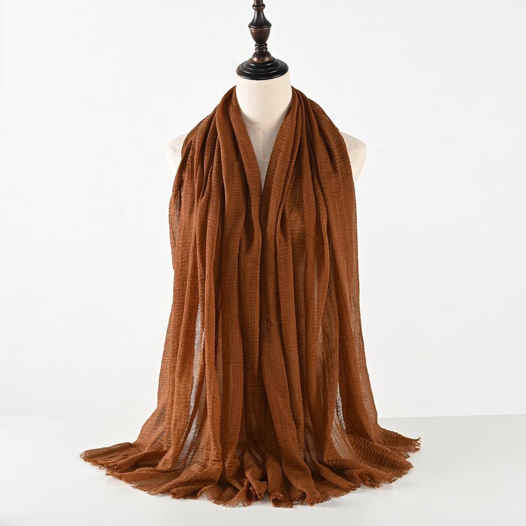 Sciarpa in Misto Cotone e Lino Stropicciato con Frange - Colore Unito, 90x180cm, Foulard da Donna