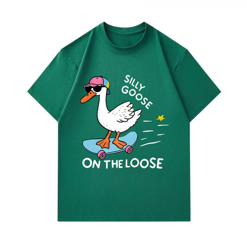 Men's 100% Cotton Crew Neck Short Sleeve T-Shirt, Funny Silly Goose Skateboarding Print Casual Summer Tee, Lightweight Breathable Loose Fit Top for Da