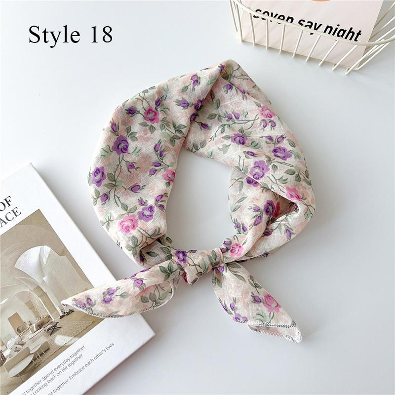 Floral Print Neckerchief Women Korean Cotton Linen Square Scarf Elegant Neck Scarves Small Wraps Bandana Head Scarfs 58*58Cm