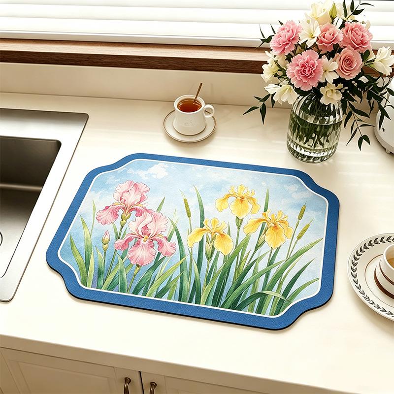 Chinese-Style Irregular Flower & Bird Diatom Mud Coffee Mat: Stain-Resistant, Easy-Clean, Non-Slip Kitchen Draining Mat