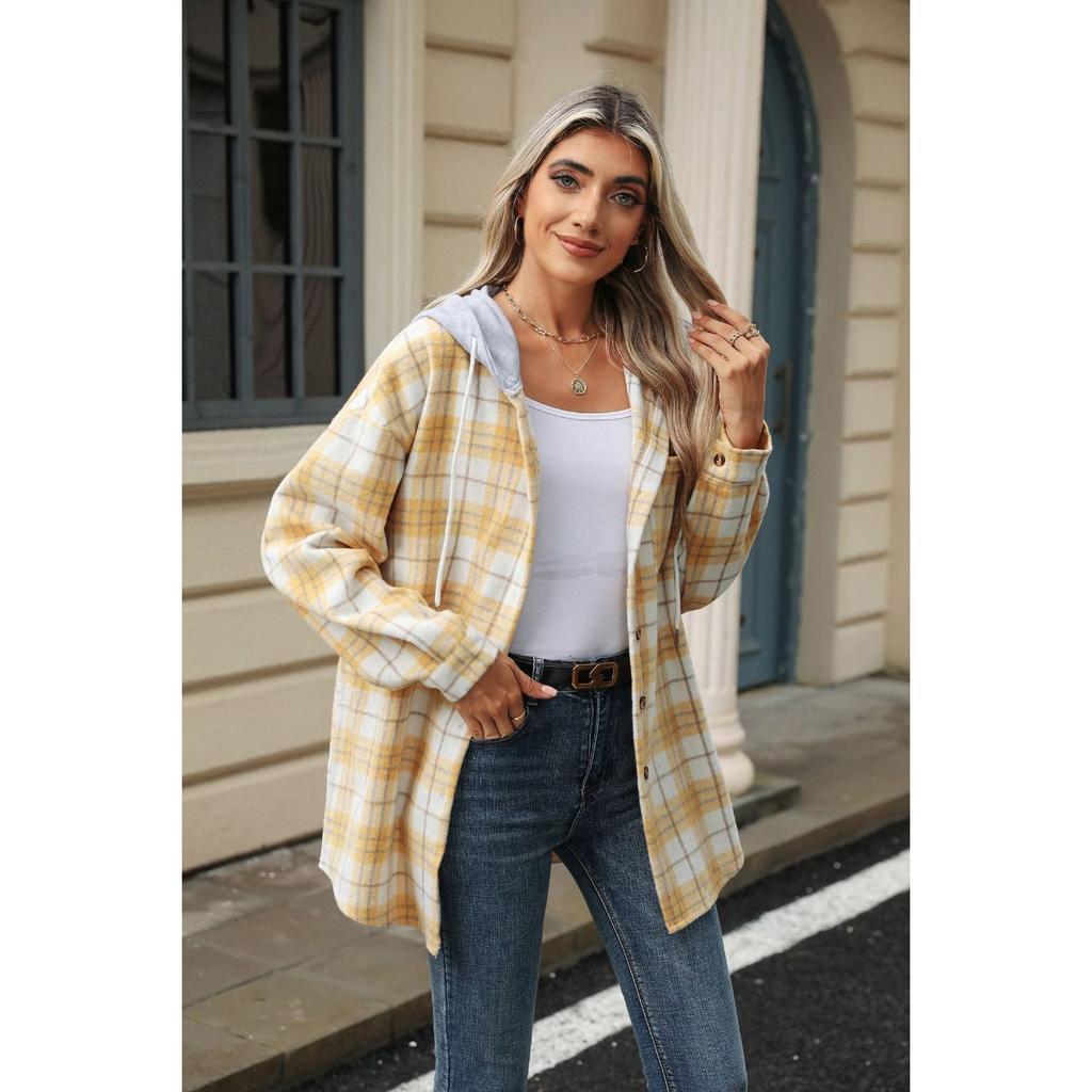 Fall Winter Women's Plaid Color Block Hooded Long Sleeve Loose Wool Coat