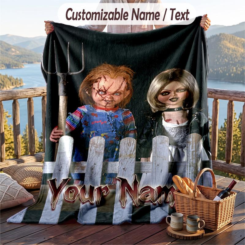 Custom Text Flannel Throw Blanket, Lightweight Cozy Bed Sofa BlanketChild's Play Chucky Tiffany