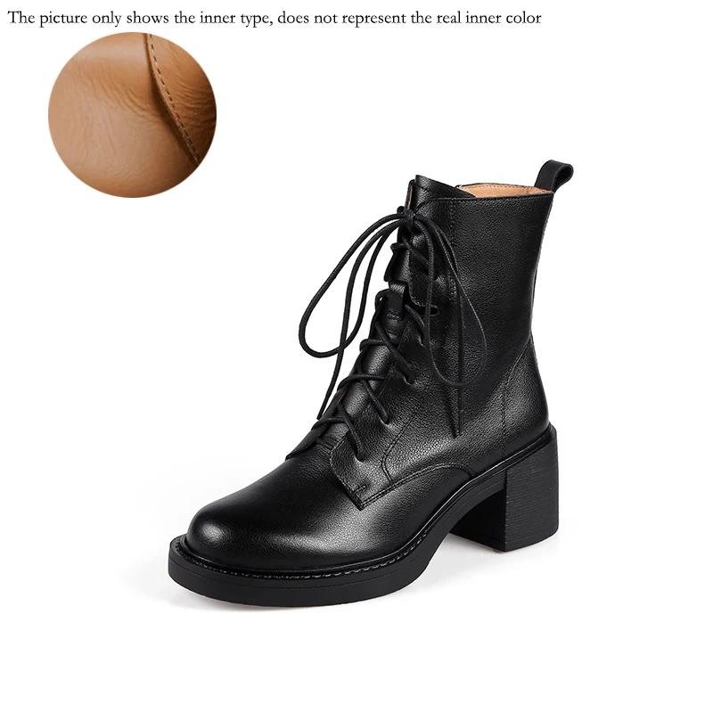 Winter Genuine Leather Women Boots Round Toe Thick Heel Lace Up Fashion Ankle Boots Retro Boots Platform Shoes Heels Grown