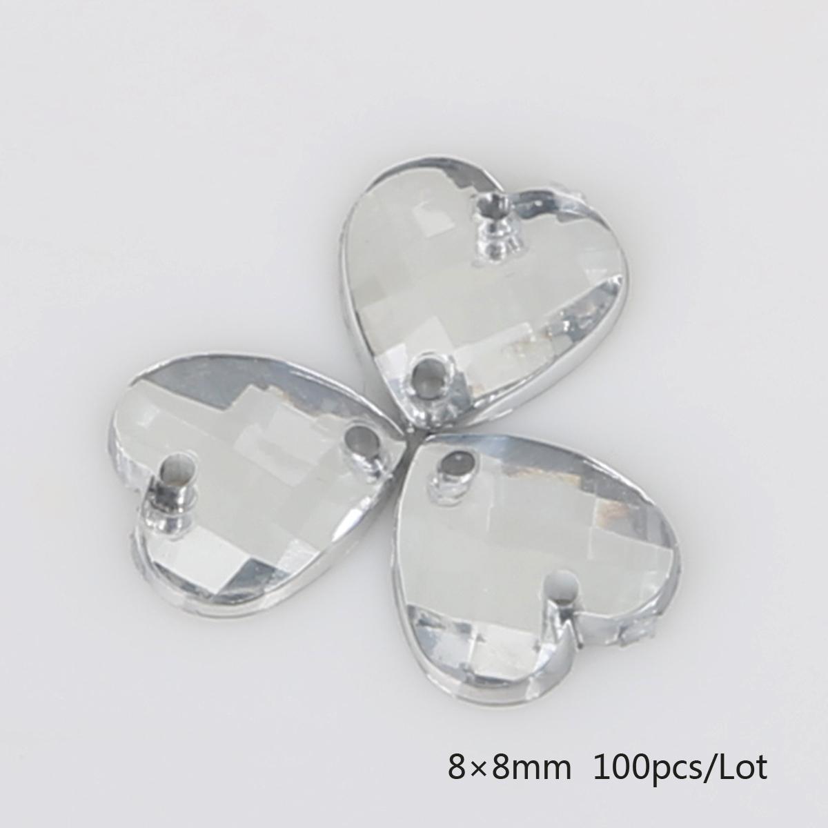 

50-100 шт., стразы с двойным отверстием и плоской нижней частью в форме сердца, хрустальные стразы для свадебного платья «сделай сам», аксессуары для одежды 8x8mm 100pcs чистый