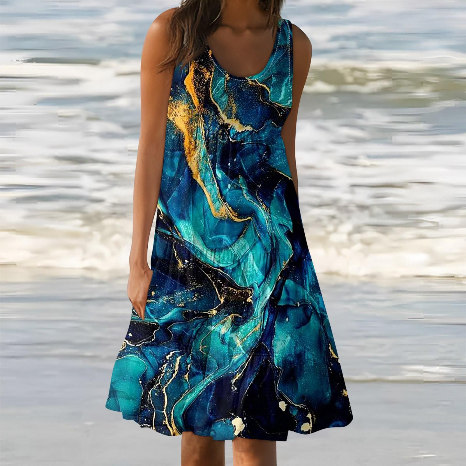 

Женские летние весенние плиссированные богемные платья, милые струящиеся пляжные платья без рукавов, прямая футболка, платья-майки, платья с круглым вырезом XXL