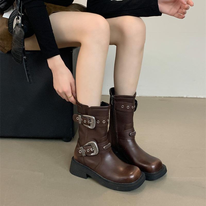 Zhao Zhaoyi's same short boots for women 2025 new cowhide Maillard fashion high-heeled belt buckle knight short boots for women
