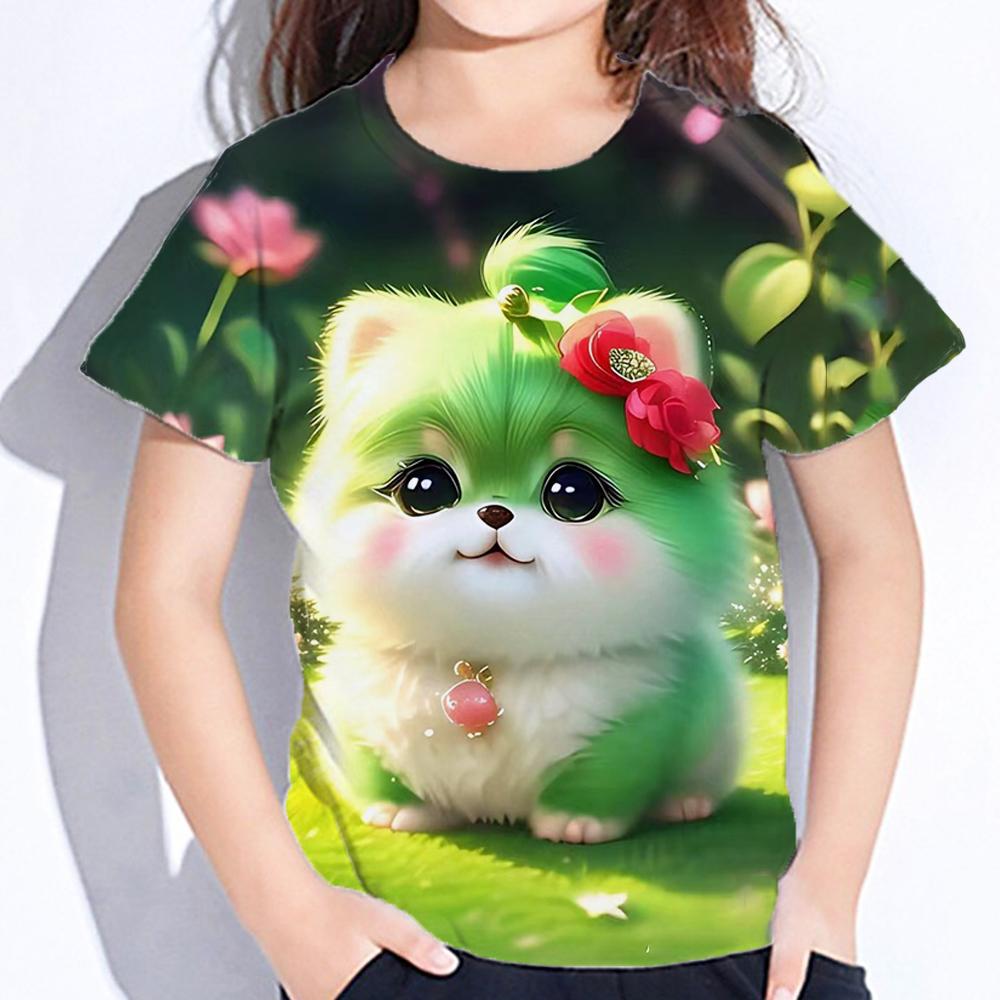 2025  Kids Clothes Blouse for Girls Kawaii Cat Girl Short Sleeve Tshirt Print Boys Clothes Polyester Girl Tee Shirt Child T-Shirt